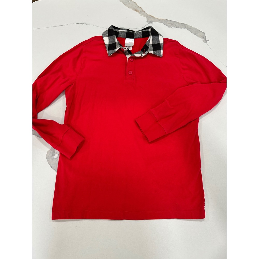 Hanna Andersson Boys‎ Red Long Sleeve Polo Shirt Buffalo Plaid Collar Sz 10
